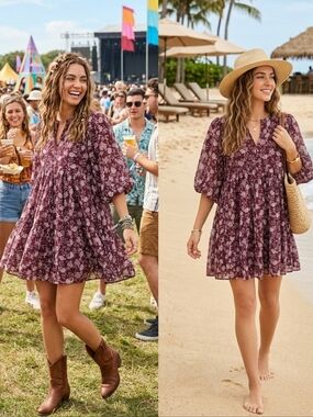 Madewell Splitneck Puff-Sleeve Mini Dress - Olivia Floral Dark Fig - Size M